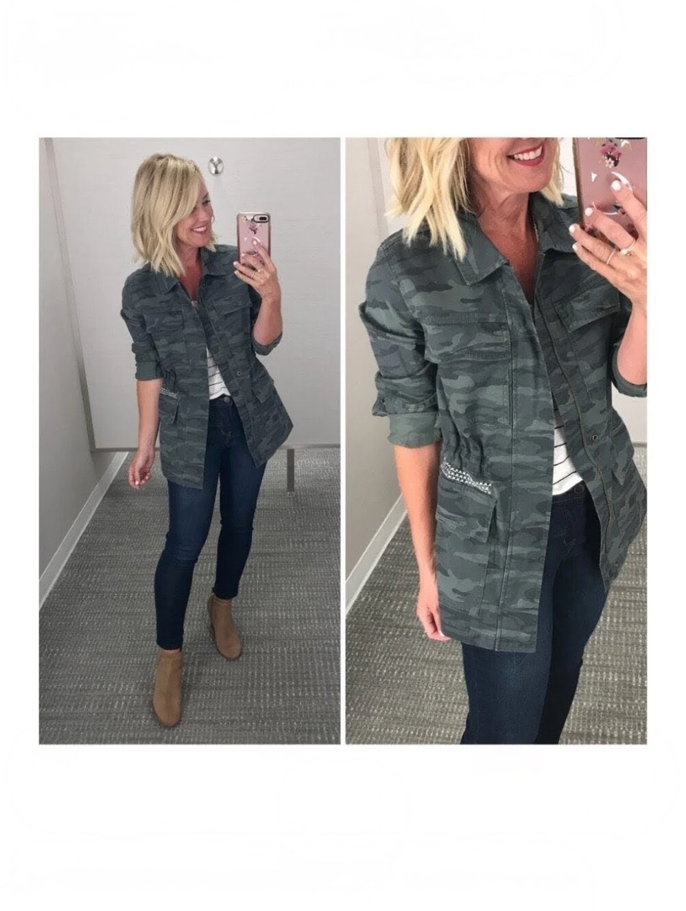 Caslon Metallic Stitch Camouflage Utility Jacket Cargo Green Petite XS